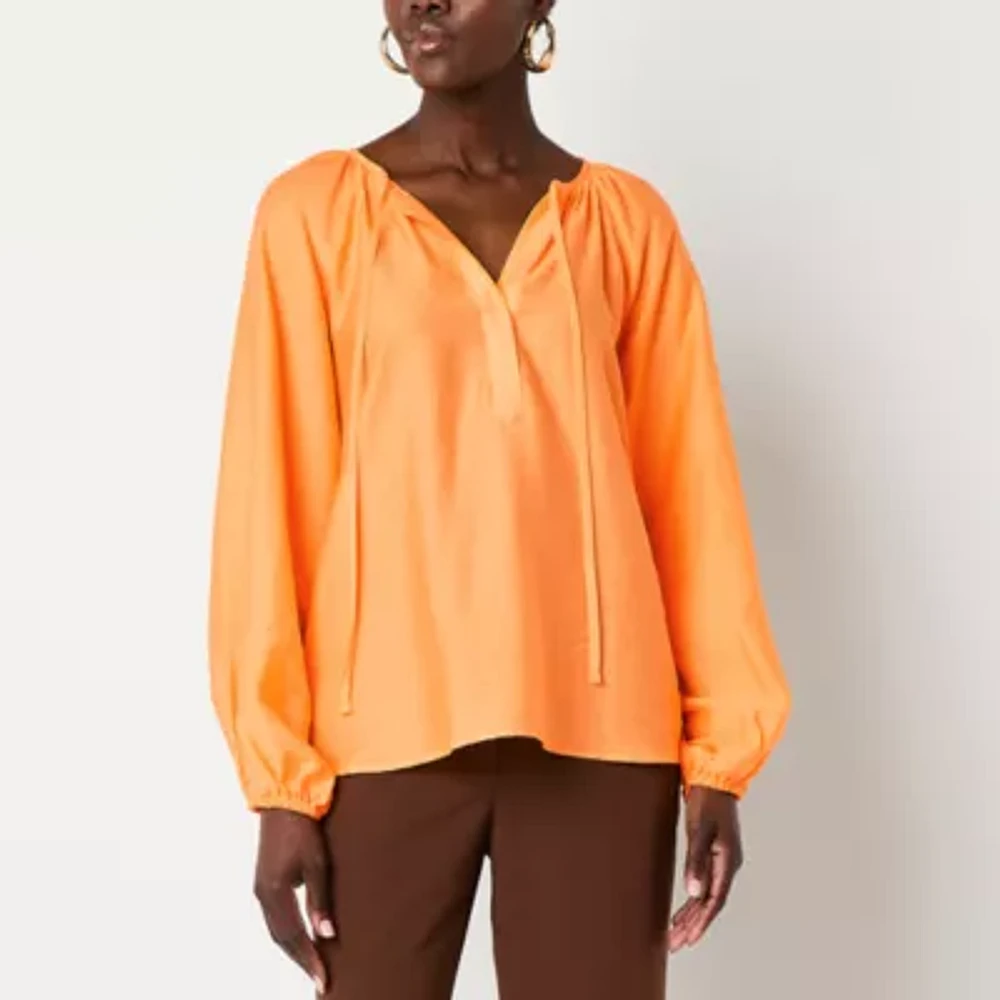 Worthington Womens Split Tie Neck Long Sleeve Blouse