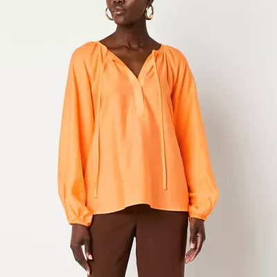 Worthington Womens Split Tie Neck Long Sleeve Blouse