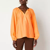 Worthington Womens Split Tie Neck Long Sleeve Blouse