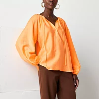 Worthington Womens Split Tie Neck Long Sleeve Blouse