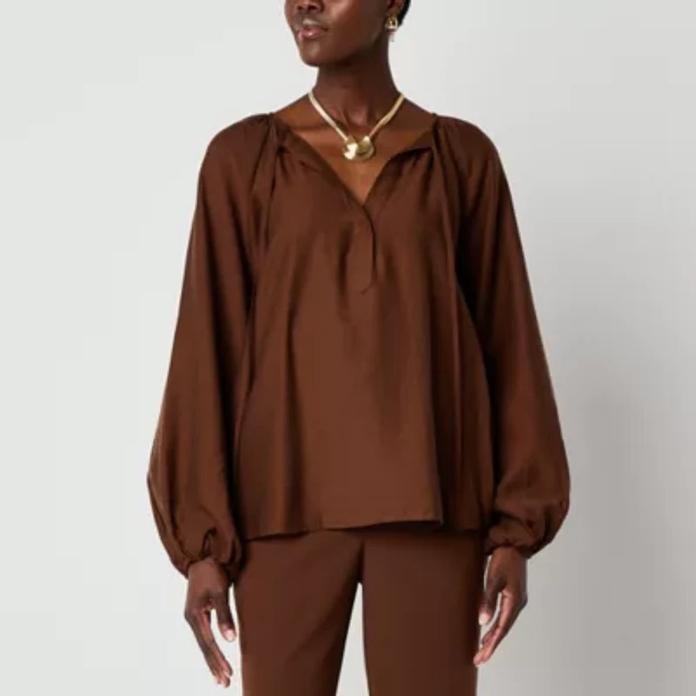 Worthington Womens Split Tie Neck Long Sleeve Blouse