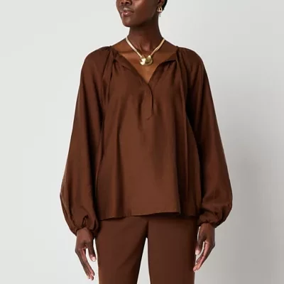 Worthington Womens Split Tie Neck Long Sleeve Blouse