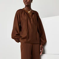 Worthington Womens Split Tie Neck Long Sleeve Blouse