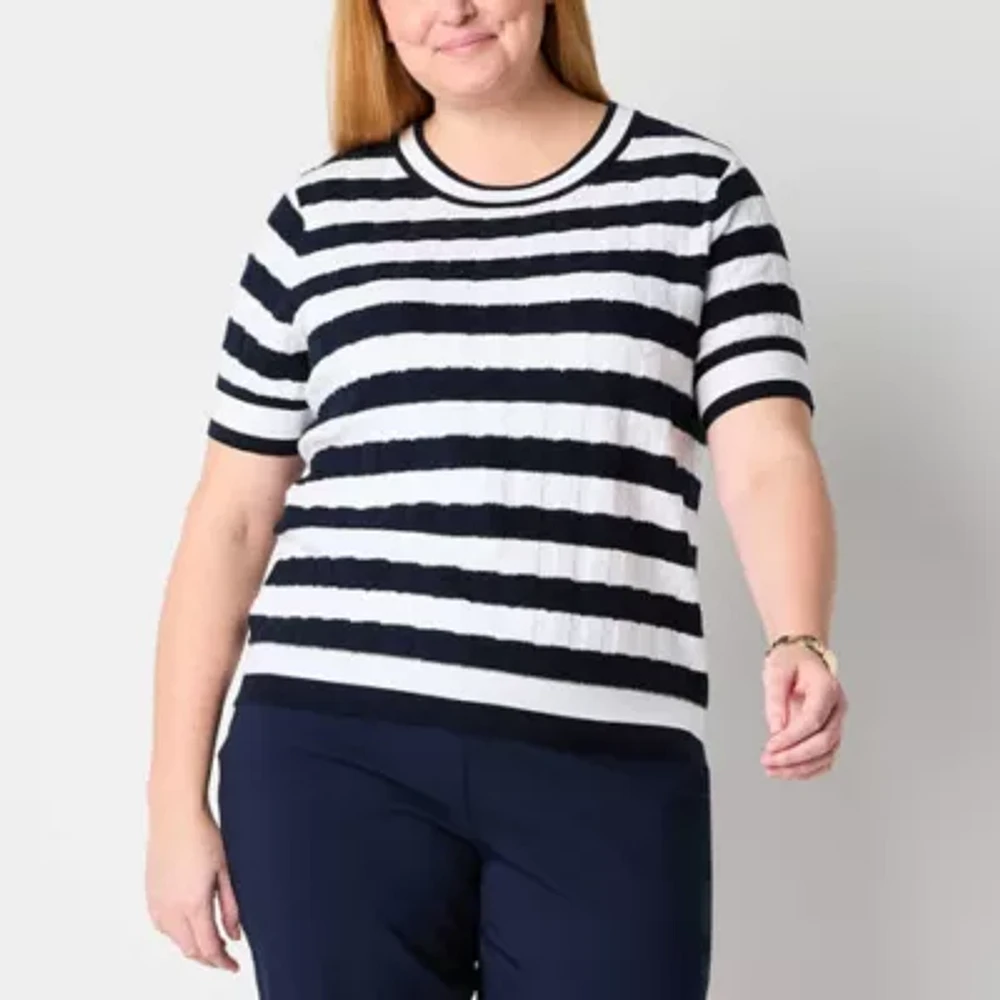 Liz Claiborne Plus Womens Crew Neck Elbow Sleeve Blouse