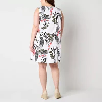 Liz Claiborne Womens Sleeveless Floral Midi A-Line Dress Plus
