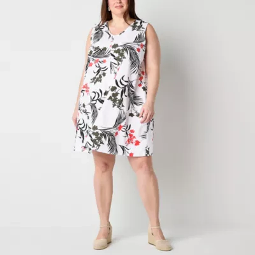 Liz Claiborne Womens Sleeveless Floral Midi A-Line Dress Plus