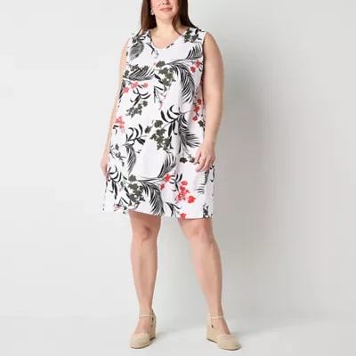Liz Claiborne Womens Sleeveless Floral Midi A-Line Dress Plus