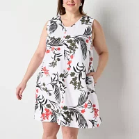 Liz Claiborne Womens Sleeveless Floral Midi A-Line Dress Plus