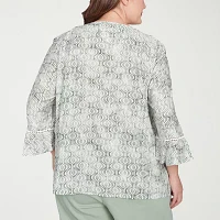 Alfred Dunner Plus Santa Fe Womens Split Crew Neck 3/4 Sleeve Embroidered Blouse