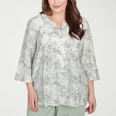 Alfred Dunner Plus Santa Fe Womens Split Crew Neck 3/4 Sleeve Embroidered Blouse