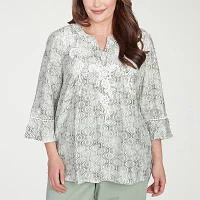 Alfred Dunner Plus Santa Fe Womens Split Crew Neck 3/4 Sleeve Embroidered Blouse