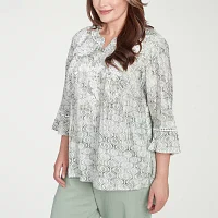 Alfred Dunner Plus Santa Fe Womens Split Crew Neck 3/4 Sleeve Embroidered Blouse
