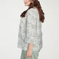 Alfred Dunner Plus Santa Fe Womens Split Crew Neck 3/4 Sleeve Embroidered Blouse