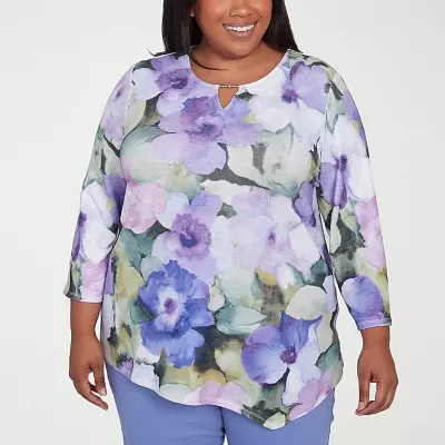 Alfred Dunner Santa Fe Womens Plus Crew Neck 3/4 Sleeve Stretch Fabric T-Shirt