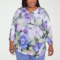 Alfred Dunner Santa Fe Womens Plus Crew Neck 3/4 Sleeve Stretch Fabric T-Shirt