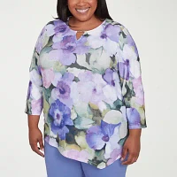 Alfred Dunner Santa Fe Womens Plus Crew Neck 3/4 Sleeve Stretch Fabric T-Shirt