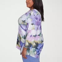 Alfred Dunner Santa Fe Womens Plus Crew Neck 3/4 Sleeve Stretch Fabric T-Shirt