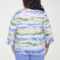 Alfred Dunner Santa Fe Womens Plus Crew Neck 3/4 Sleeve Stretch Fabric T-Shirt