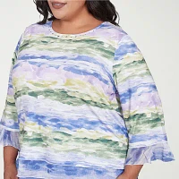 Alfred Dunner Santa Fe Womens Plus Crew Neck 3/4 Sleeve Stretch Fabric T-Shirt