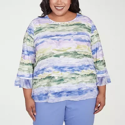 Alfred Dunner Santa Fe Womens Plus Crew Neck 3/4 Sleeve Stretch Fabric T-Shirt
