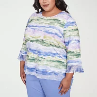 Alfred Dunner Santa Fe Womens Plus Crew Neck 3/4 Sleeve Stretch Fabric T-Shirt