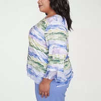Alfred Dunner Santa Fe Womens Plus Crew Neck 3/4 Sleeve Stretch Fabric T-Shirt