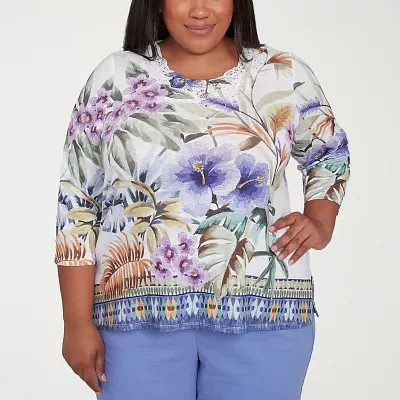 Alfred Dunner Santa Fe Womens Plus Crew Neck 3/4 Sleeve Stretch Fabric T-Shirt