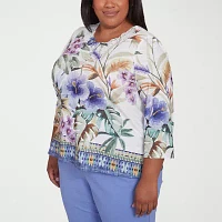 Alfred Dunner Santa Fe Womens Plus Crew Neck 3/4 Sleeve Stretch Fabric T-Shirt