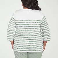 Alfred Dunner Santa Fe Womens Plus Crew Neck 3/4 Sleeve Stretch Fabric T-Shirt