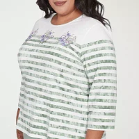 Alfred Dunner Santa Fe Womens Plus Crew Neck 3/4 Sleeve Stretch Fabric T-Shirt
