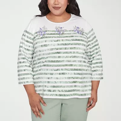 Alfred Dunner Santa Fe Womens Plus Crew Neck 3/4 Sleeve Stretch Fabric T-Shirt