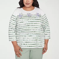 Alfred Dunner Santa Fe Womens Plus Crew Neck 3/4 Sleeve Stretch Fabric T-Shirt