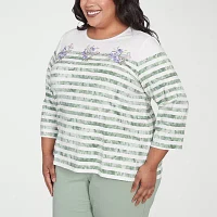 Alfred Dunner Santa Fe Womens Plus Crew Neck 3/4 Sleeve Stretch Fabric T-Shirt