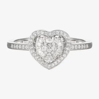 Womens 1/4 CT. T.W. Natural White Diamond 10K White Gold Heart Halo Side Stone Cocktail Ring