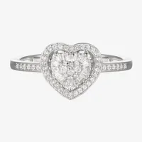 Womens 1/4 CT. T.W. Natural White Diamond 10K White Gold Heart Halo Side Stone Cocktail Ring