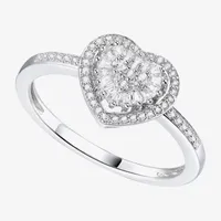 Womens 1/4 CT. T.W. Natural White Diamond 10K White Gold Heart Halo Side Stone Cocktail Ring