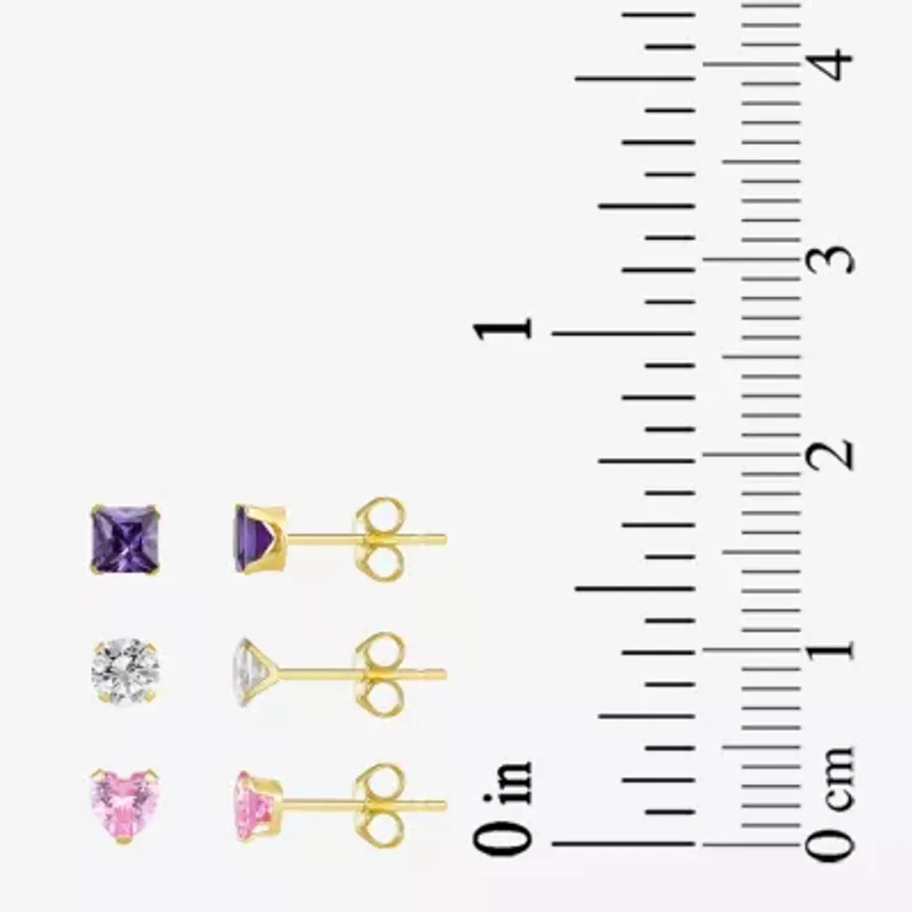 Multi Color Cubic Zirconia 10K Gold Round 3 Pair Earring Set