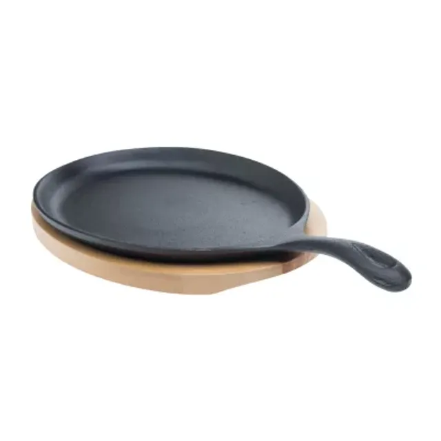 Basic Essentials 2-Piece Cast Iron Oval Sizzler Set with Wooden Trivet