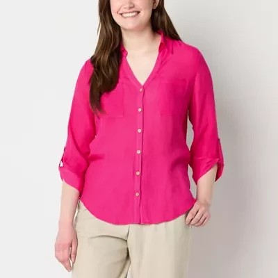 by&by Juniors Womens 3/4 Sleeve Regular Fit Button-Down Shirt