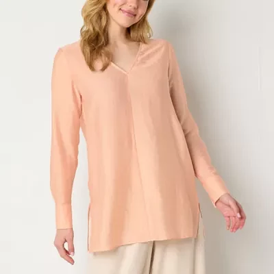 Worthington Womens V Neck Long Sleeve Satin Blouse