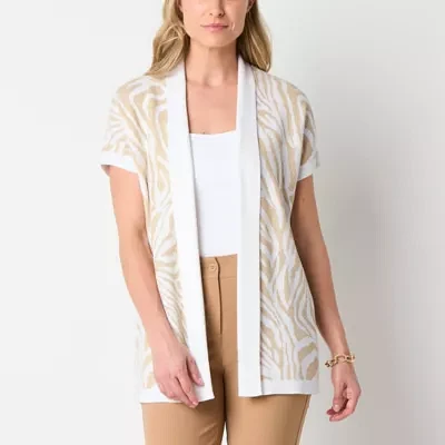 Liz Claiborne Womens Short Sleeve Open Front Animal Cardigan