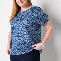 Liz Claiborne Plus Womens Boat Neck Short Sleeve Blouse
