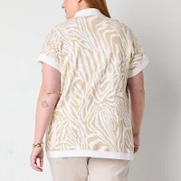 Liz Claiborne Plus Womens Short Sleeve Open Front Animal Cardigan
