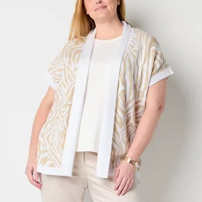 Liz Claiborne Plus Womens Short Sleeve Open Front Animal Cardigan