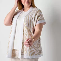 Liz Claiborne Plus Womens Short Sleeve Open Front Animal Cardigan