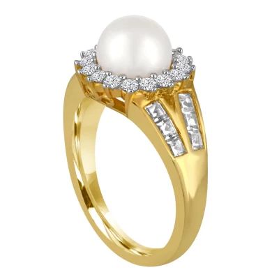 Cultured Freshwater Pearl & Lab-Created White Sapphire 14K Yellow Gold Over Silver Ring