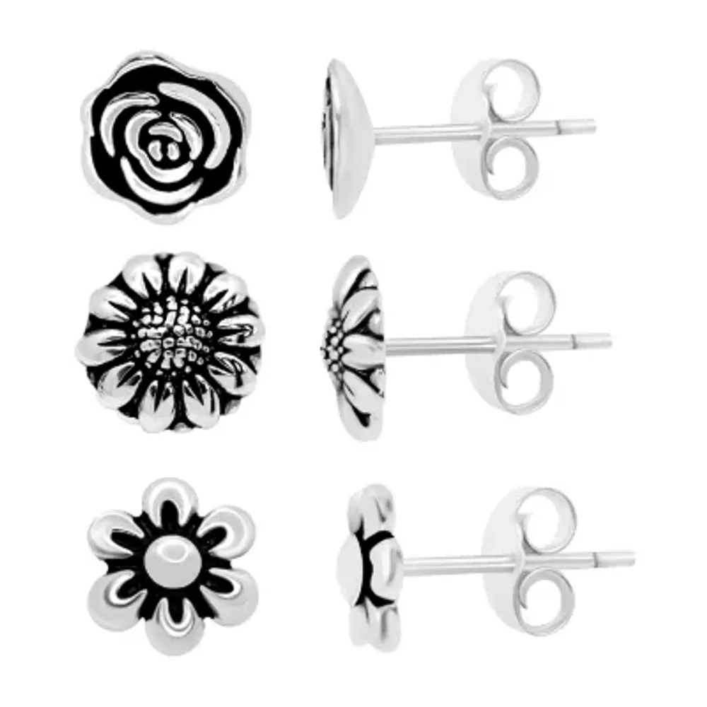 Silver Treasures 3 Pair Flower Earring Set