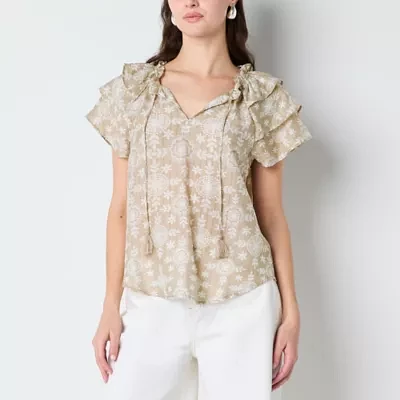 Frye and Co. Womens Split Tie Neck Short Sleeve Blouse