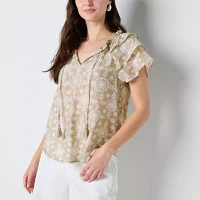 Frye and Co. Womens Split Tie Neck Short Sleeve Blouse