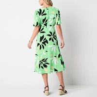 Liz Claiborne Womens Short Sleeve Floral Midi A-Line Dress